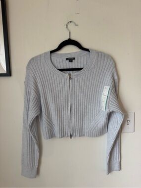 Ribbed Zip-Front Cropped Cardigan - Light Blue